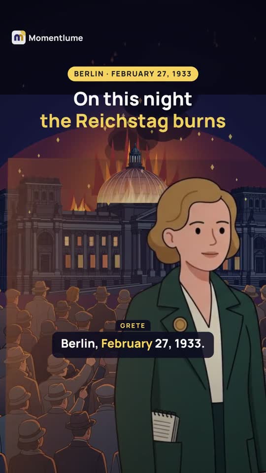 The burning Reichstag, a crowd in front of it and Grete, the reporter